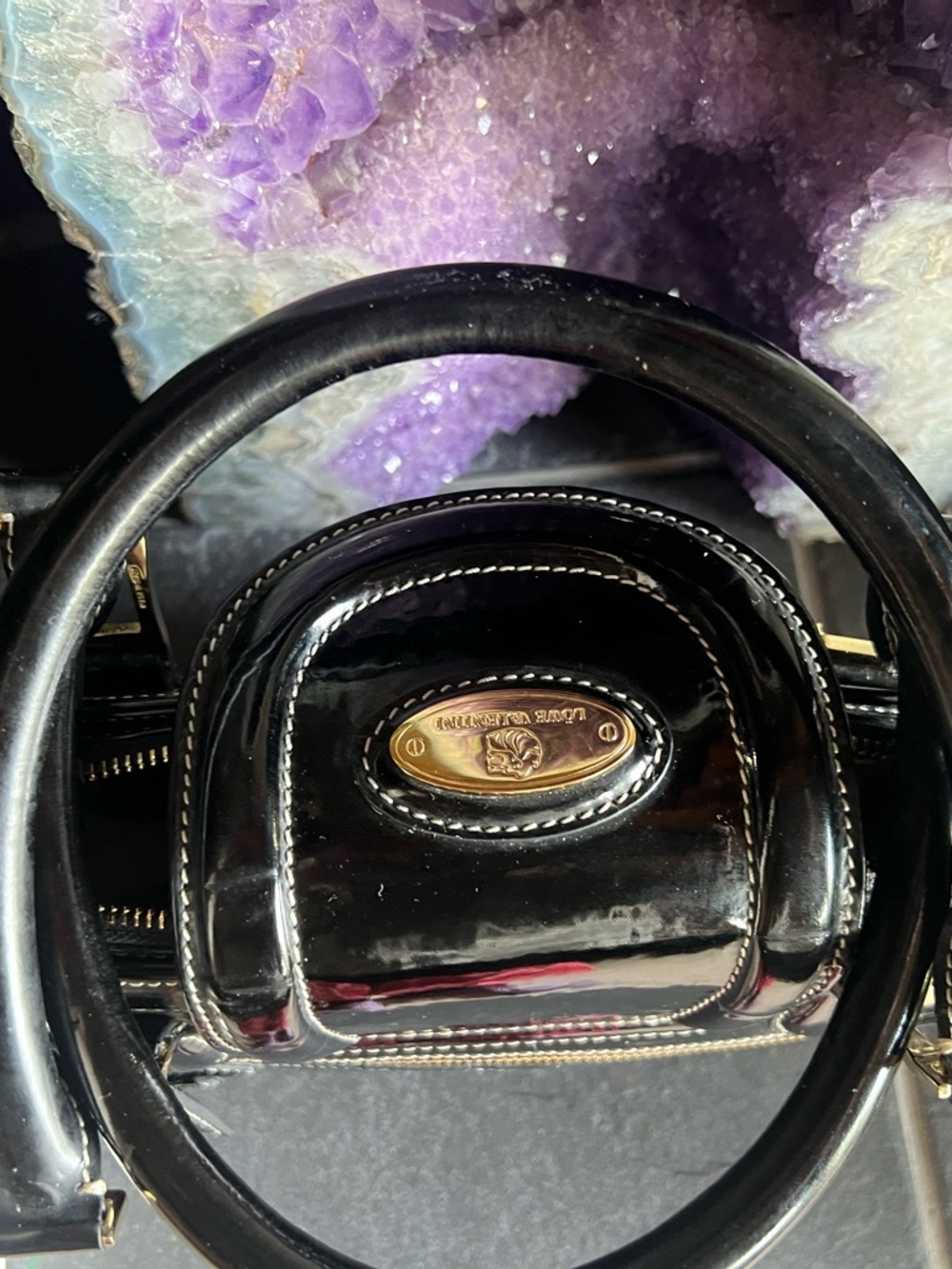 Black Patent Women's Satchel Bag with Gold Hardware - Picture 7 of 15